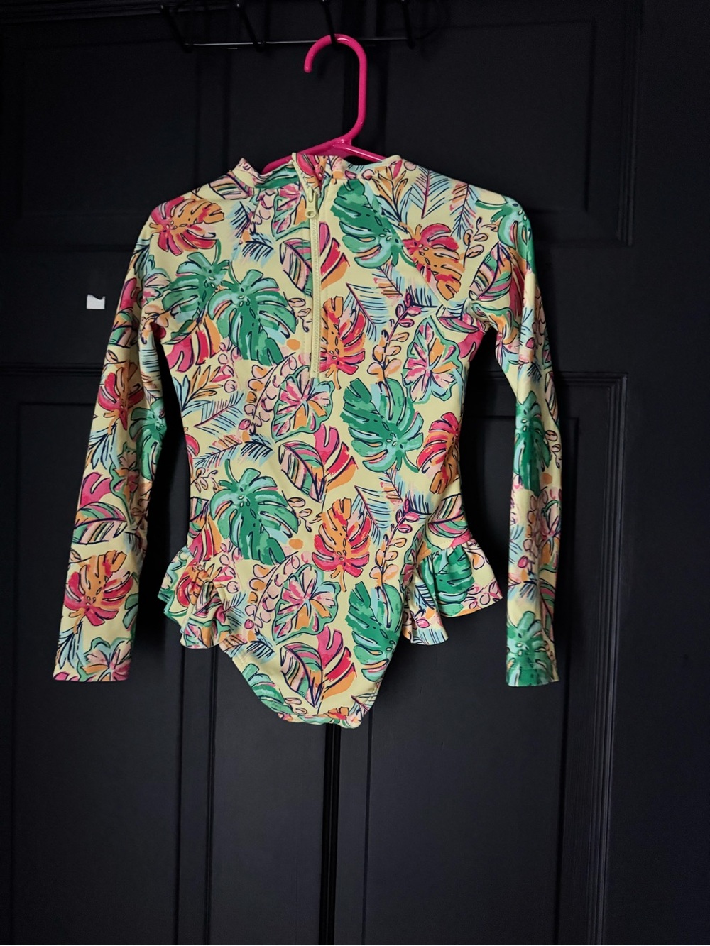 Girls' Tropical Print Long-Sleeve One-Piece Swimsuit in Yellow/Green